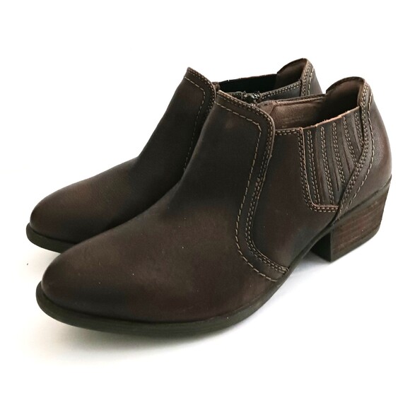 Earth Shoes Peak Peru Brown Leather Ankle Boot Block Heel Side Zip 9M - Picture 1 of 10